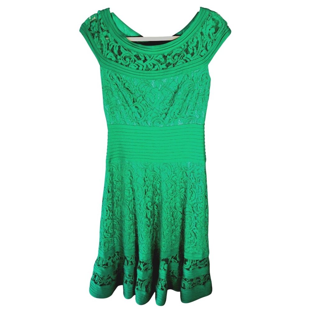 Tadashi Shoji Sz 6 Kelly Green Lace Flair Bottom Dress READ - Picture 1 of 16